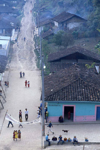 Aerial View of a street with an anti-communist banner, Chajul, 1982