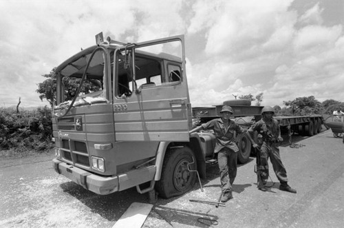 Damaged military truck, Nicaragua, 1979