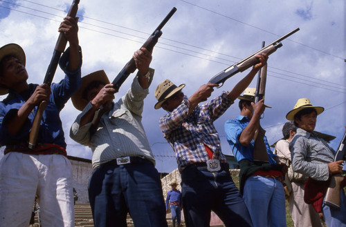 Mayan men taking aim, Chajul, 1982