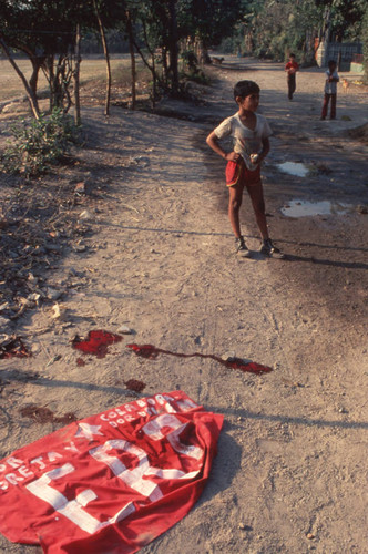 Blood stain on the street, Apopa, San Salvador, El Salvador, 1981