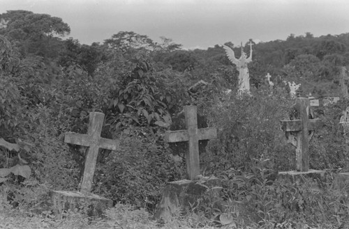 Three crosses at a cemetery, Barbacoas, Colombia, 1979