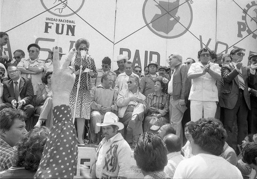 Presidential Candidate Ángel Aníbal Guevara's wife speaks, Guatemala City, 1982