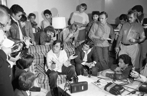 Nicaraguan journalist at a press conference, San José, 1980