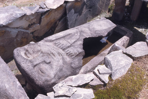 Carved stone slab over a sarcophagus, San Agustín, Colombia, 1975