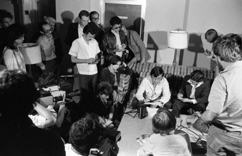 Nicaraguan journalist at a press conference, San José, 1980