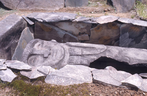 Carved stone slab over a sarcophagus, San Agustín, Colombia, 1975