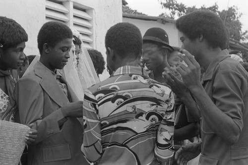 Wedding couple outside the church, San Basilio de Palenque, 1976