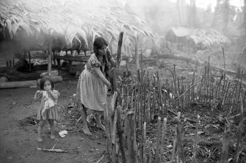 Refugee woman builds a fence of logs, Chiapas, 1983