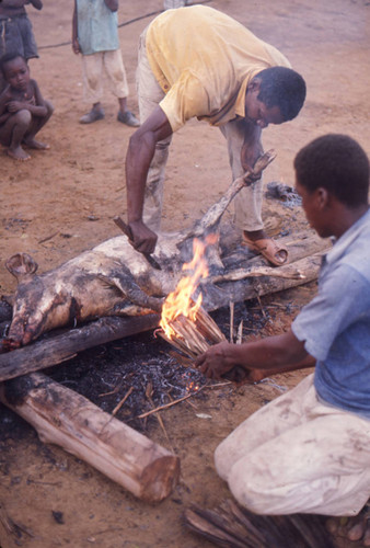 Men cooking a pig, San Basilio de Palenque, 1976