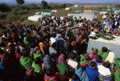 Mayan civilians attending a funeral service, Patzún, 1982