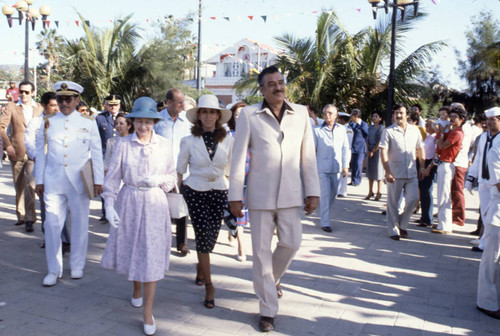 Queen Elizabeth II walks through street, Mexico, 1984