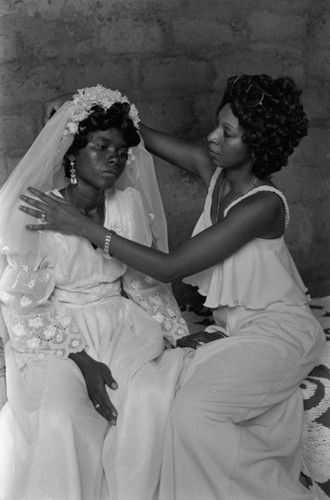 Adjusting bride's veil, San Basilio de Palenque, Colombia, 1977