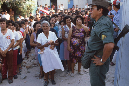 Older woman lining up to vote, Santa Tecla, El Salvador, 1982