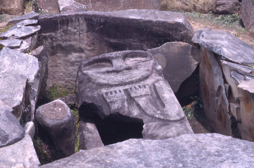 Carved stone slab over a sarcophagus, San Agustín, Colombia, 1975