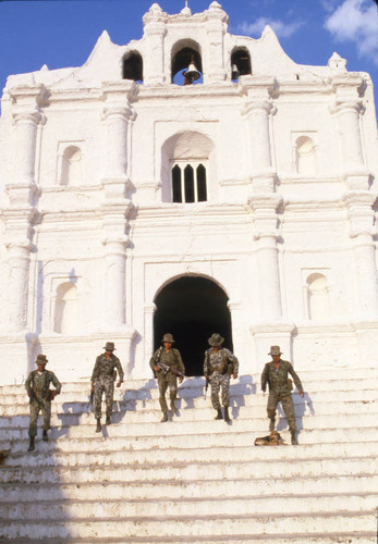 Five soldiers in front of church, Chajul, 1982