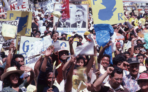 A crowd of supporters at a Guevara campaign rally, Guatemala City, 1982