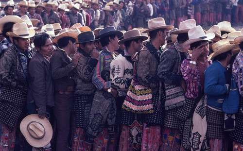 Mayan men in line to vote, Nahualá, 1982