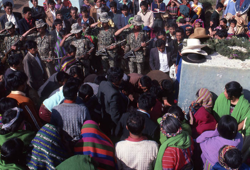 Mayan civilians attending a funeral service, Patzún, 1982