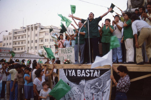 José Napoleón Duarte talking at crowds, San Salvador, El Salvador, 1982