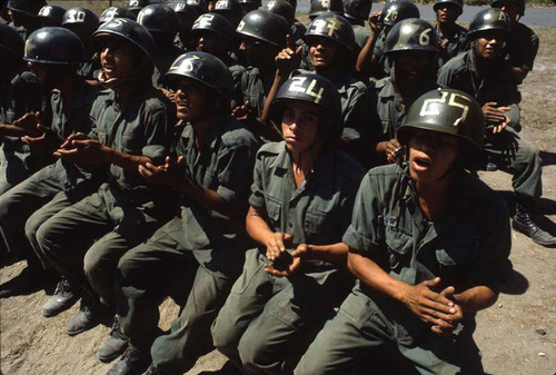 Soldiers observe parachute training, Ilopango, San Salvador, 1983