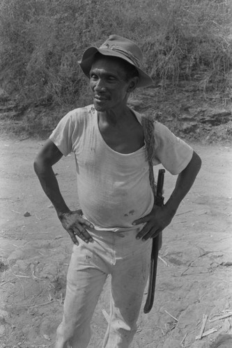 Half length portrait of a man standing in the street, San Basilio de Palenque, ca. 1978