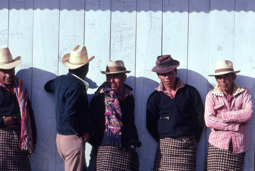 Five Mayan men standing in line to vote, Nahualá, 1982