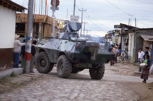 A Cadillac Gage Commando patrols the streets of Chimaltenango, Chimaltenango, 1982