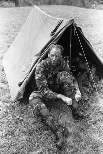 Survival school students near tents, Liberal, 1982