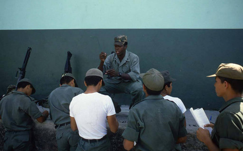 Cadets taking notes during a lesson, Ilopango, San Salvador, 1983