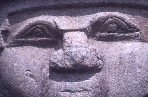 Statue of a woman, close-up, San Agustín, Colombia, 1975