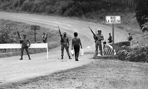 Costa Rican Civil Guard at bridge, Costa Rica, 1979