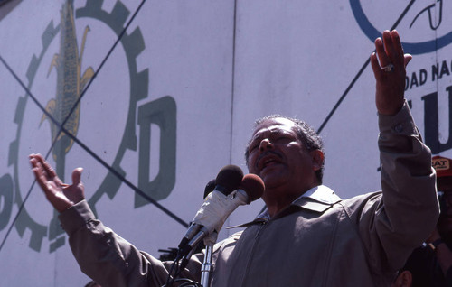 Ángel Aníbal Guevara speaking at a campaign rally, Guatemala City, 1982