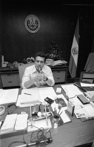 Salvadoran politician sitting in his office, San Salvador, 1983