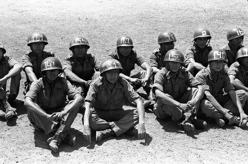 Guatemalan soldiers receiving training at military base, Ilopango, 1983