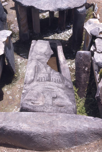 Carved stone slab over a sarcophagus, San Agustín, Colombia, 1975