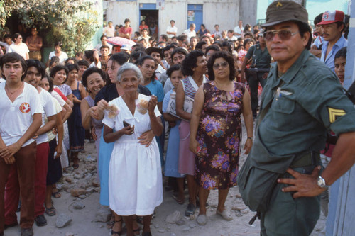 Older woman lining up to vote, Santa Tecla, El Salvador, 1982