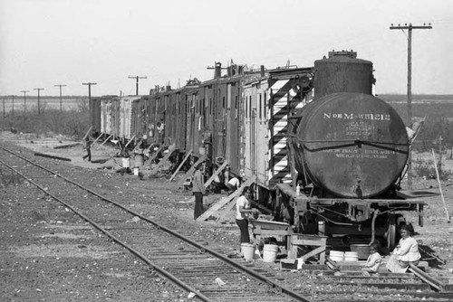 Train cars converted into homes, Chiapas, 1983