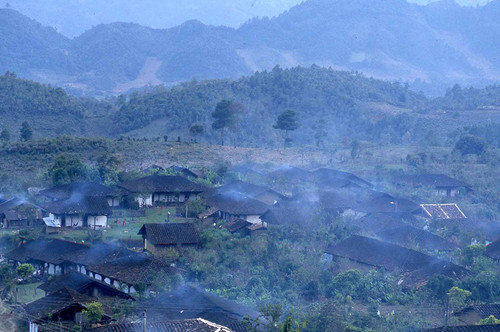 Aerial view of a village, Guatemala, 1982