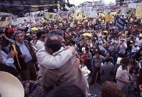 Presidential Candidate Ángel Aníbal Guevara hugs his running mate Ramiro Ponce, Guatemala City, 1982