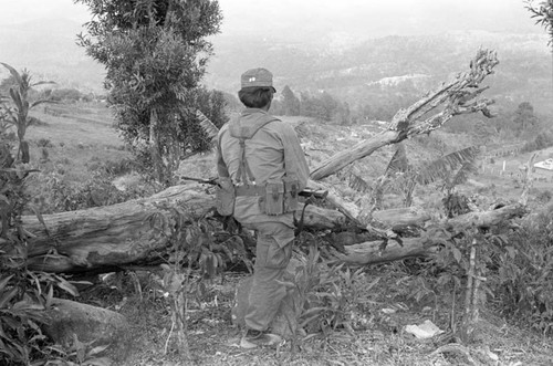 A Salvadoran Army soldier guarding an outpost, Perquín, 1983