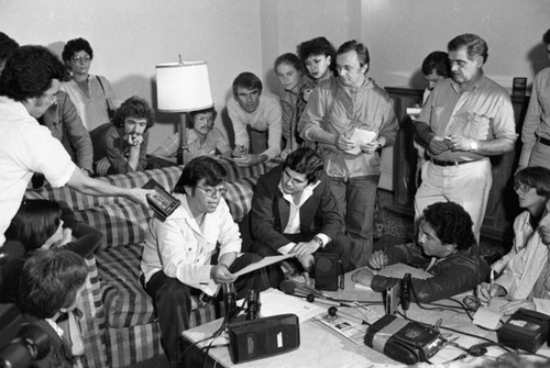 Nicaraguan journalist at a press conference, San José, 1980