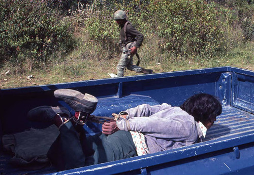 Hogtied man, Guatemala, 1982