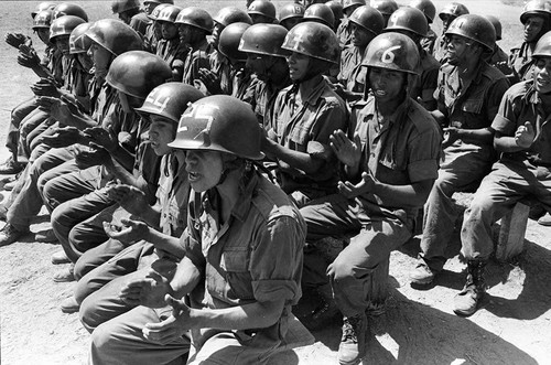 Salvadoran soldiers at military base, Ilopango, 1983