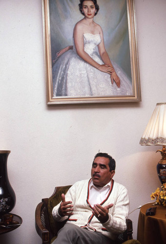 Presidential candidate Mario Sandoval Alarcón speaking at his home, Guatemala City, 1982