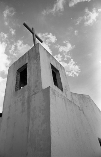 White church bell tower, San Basilio de Palenque, 1976