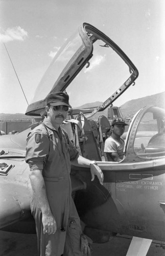 U.S pilot next to a Cessna A-37 Dragonfly at Ilopango Military base, Ilopango, 1983