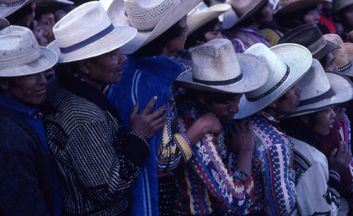 Mayan men waiting in line to vote, Sololá, 1982