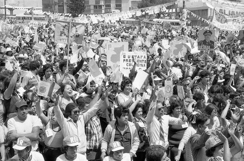 A large crowd of people at a campaign rally for Presidential Candidate Ángel Aníbal Guevara, Guatemala City, 1982