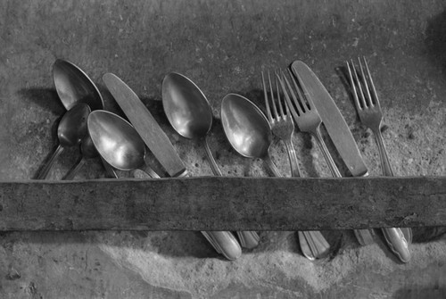 Cutlery hunging from a wall, San Basilio de Palenque, 1976