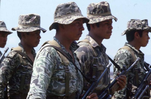 Armed soldiers at the military base, Santa Cruz del Quiché, 1982